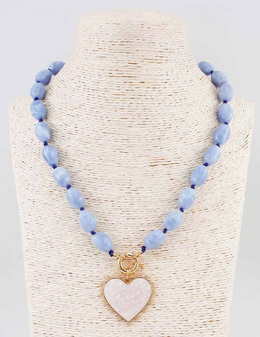 Julia Beaded Natural Stone Heart Pendant Necklace - Light Blue