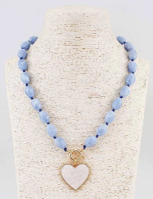 Julia Beaded Natural Stone Heart Pendant Necklace - Light Blue