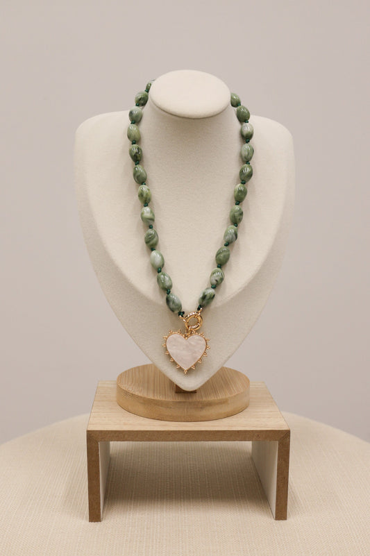 Julia Beaded Natural Stone Heart Pendant Necklace - Green