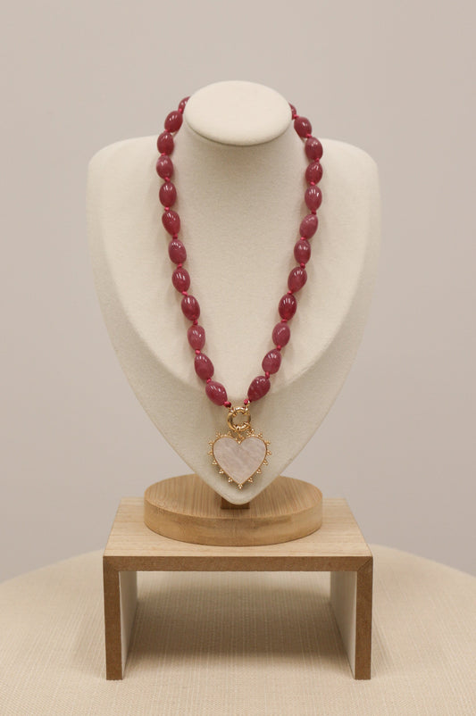 Julia Beaded Natural Stone Heart Pendant Necklace - Pink