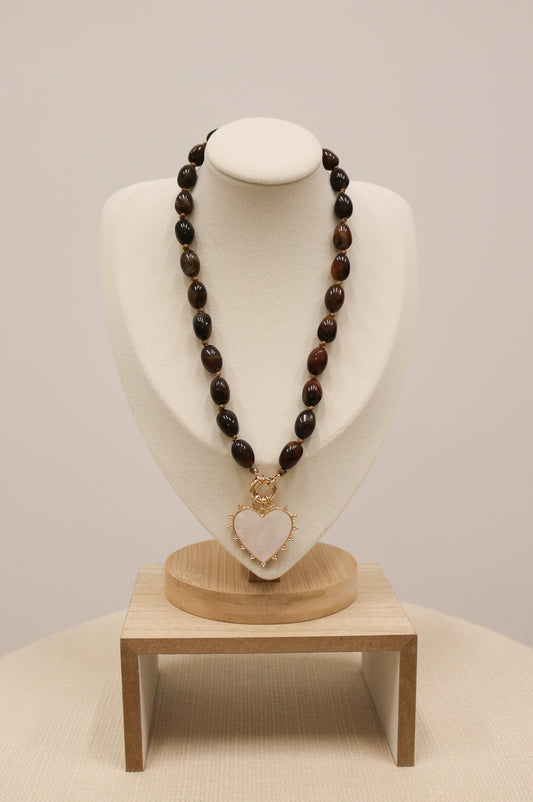 Julia Beaded Natural Stone Heart Pendant Necklace - Brown