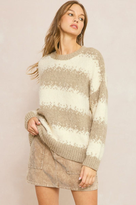 zSALE Kensington Abstract Stripe Long Sleeve Sweater Pullover - Mocha
