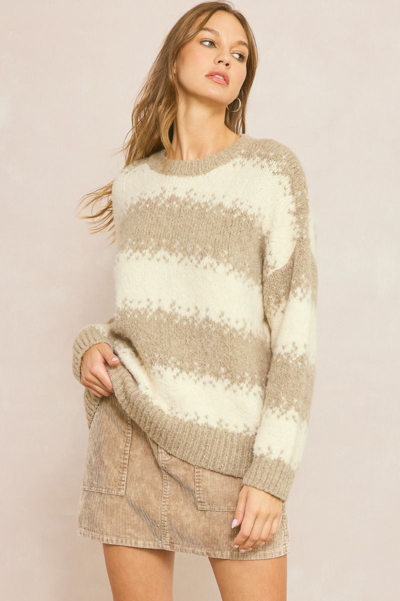 Kensington Abstract Stripe Long Sleeve Sweater Pullover - Mocha