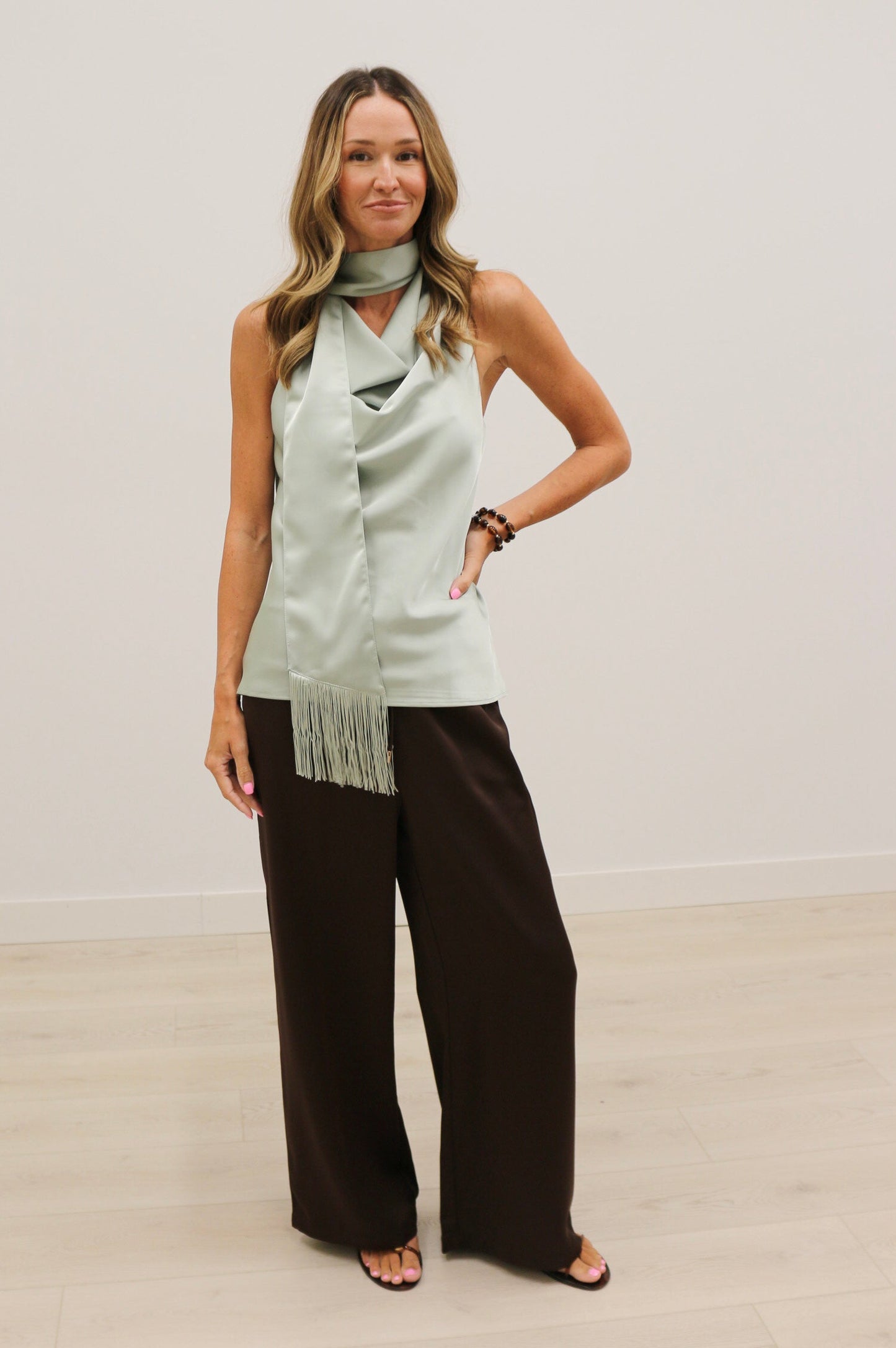 Knox Satin Fringe Scarf Sleeveless Blouse - Mint Green