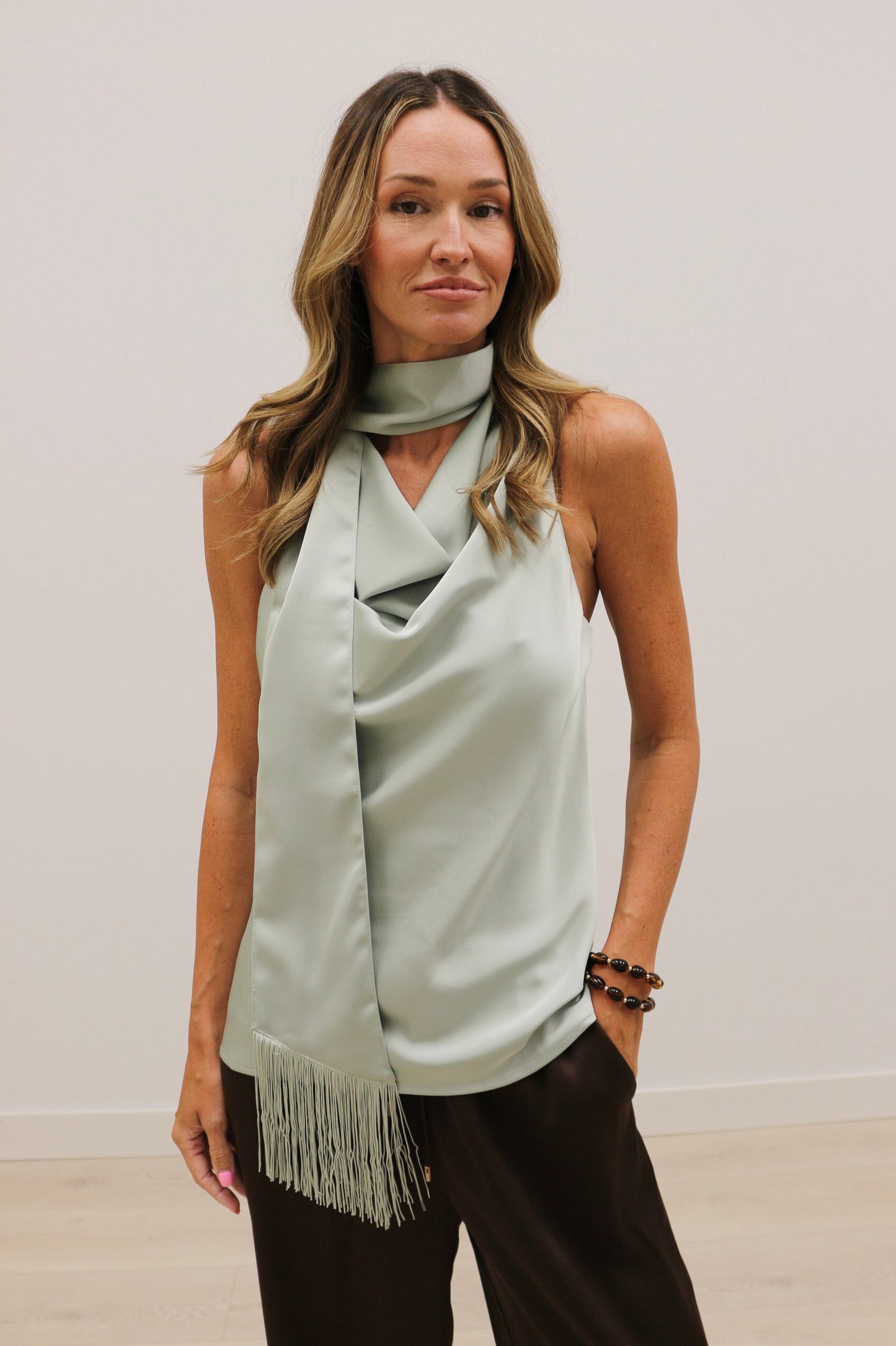 Knox Satin Fringe Scarf Sleeveless Blouse - Mint Green