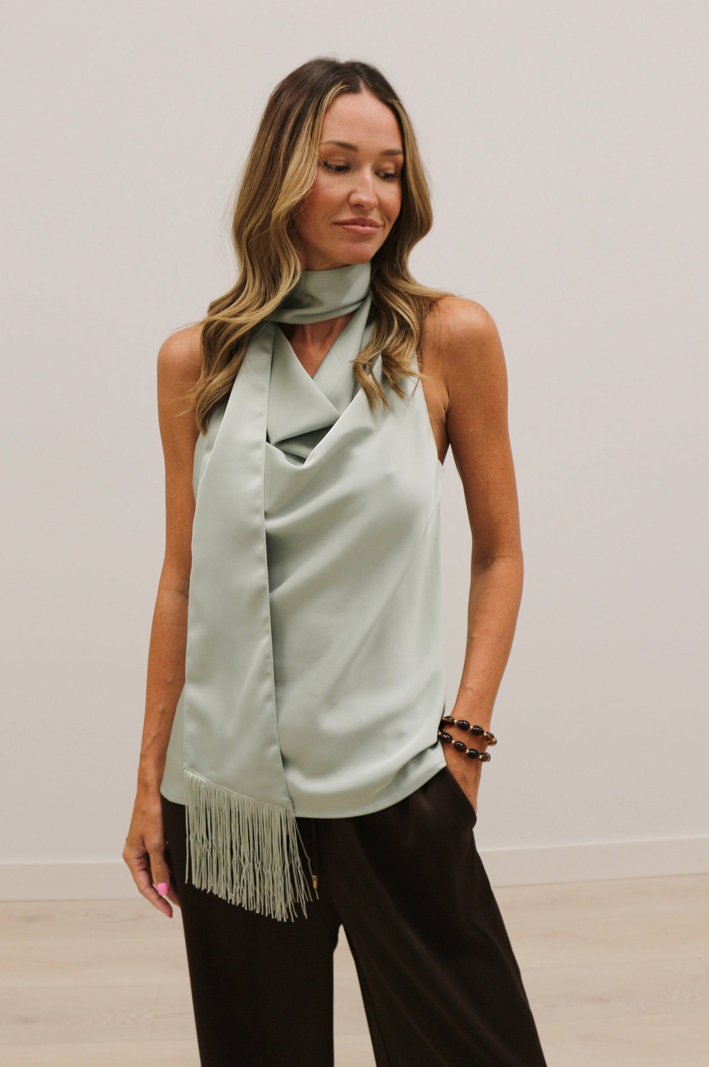 Knox Satin Fringe Scarf Sleeveless Blouse - Mint Green