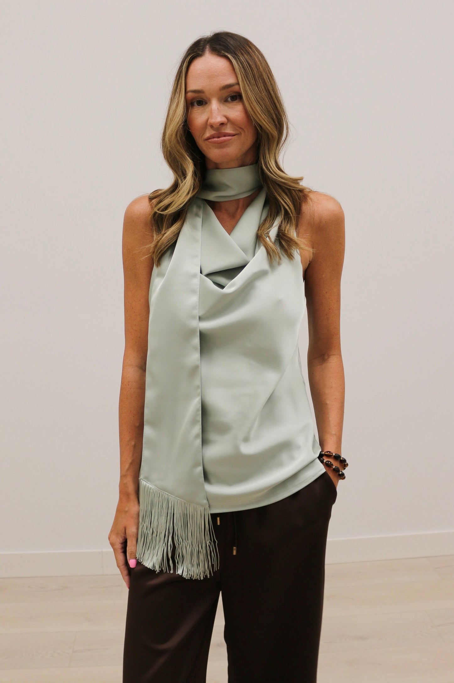 Knox Satin Fringe Scarf Sleeveless Blouse - Mint Green