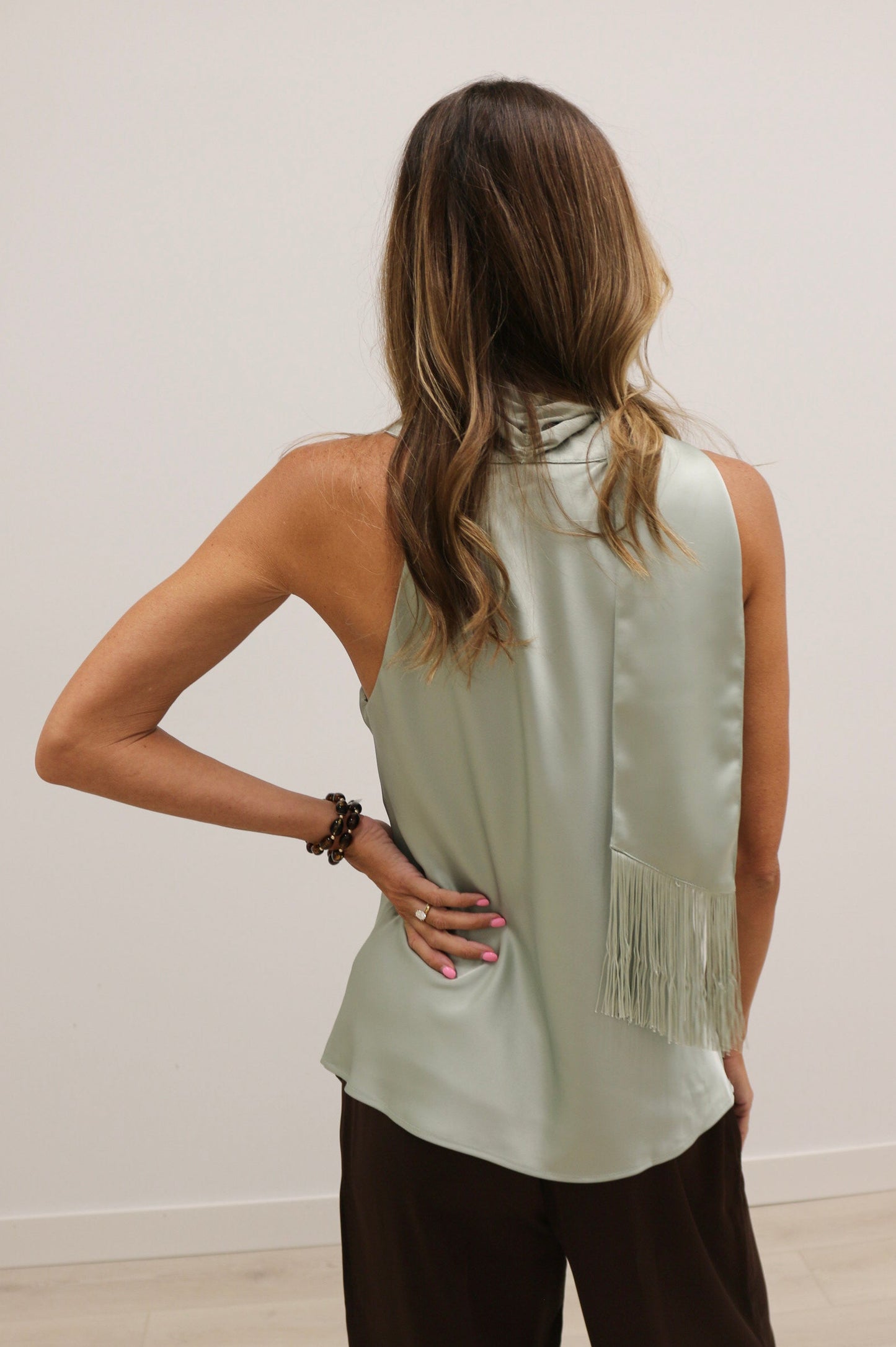 Knox Satin Fringe Scarf Sleeveless Blouse - Mint Green