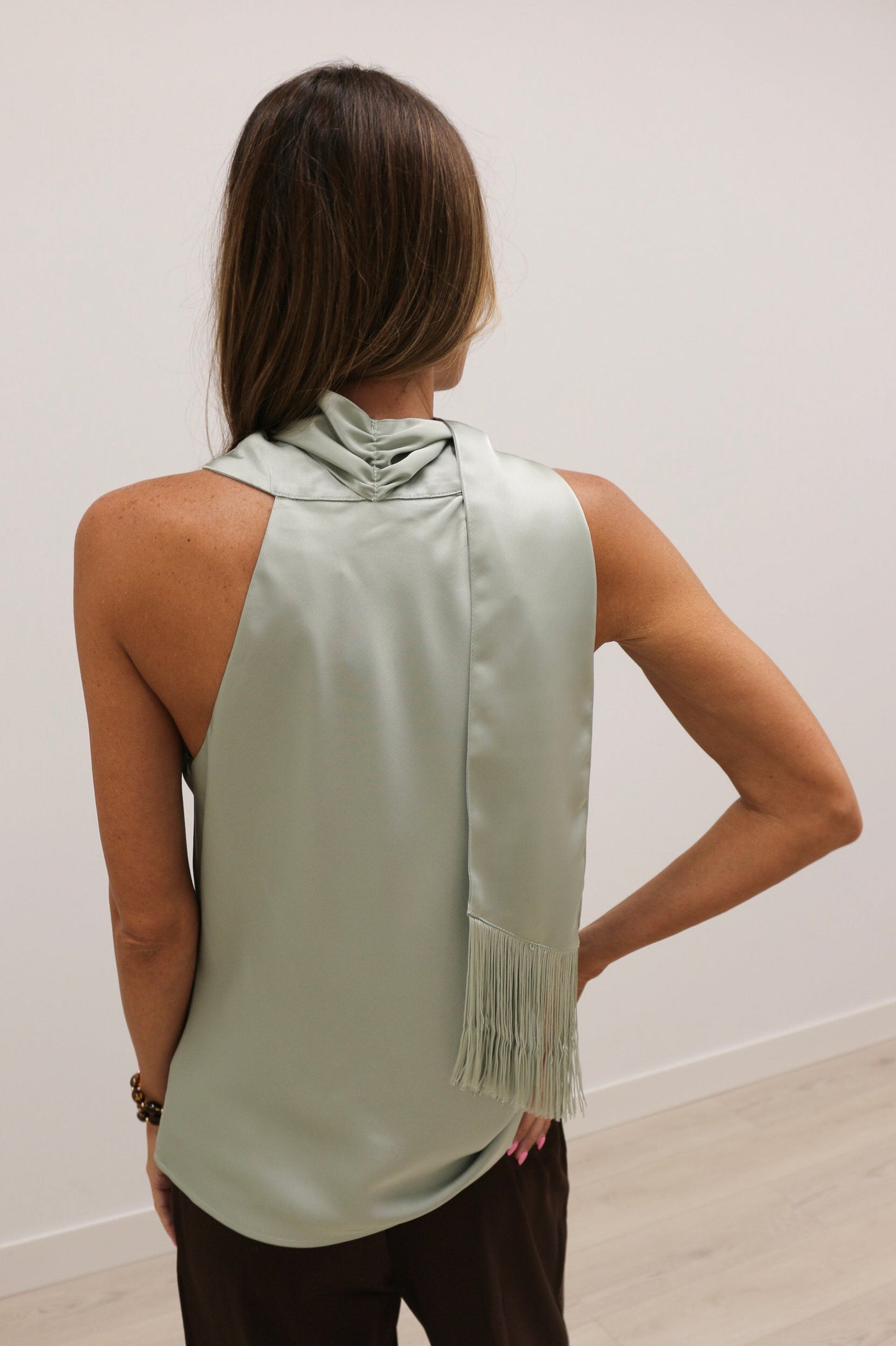 Knox Satin Fringe Scarf Sleeveless Blouse - Mint Green
