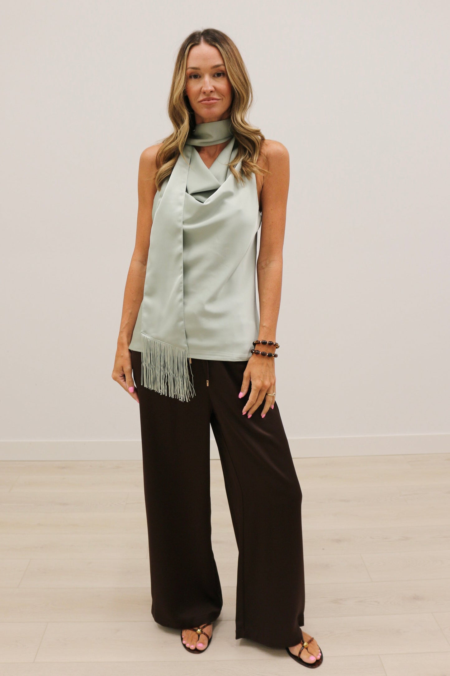 Knox Satin Fringe Scarf Sleeveless Blouse - Mint Green