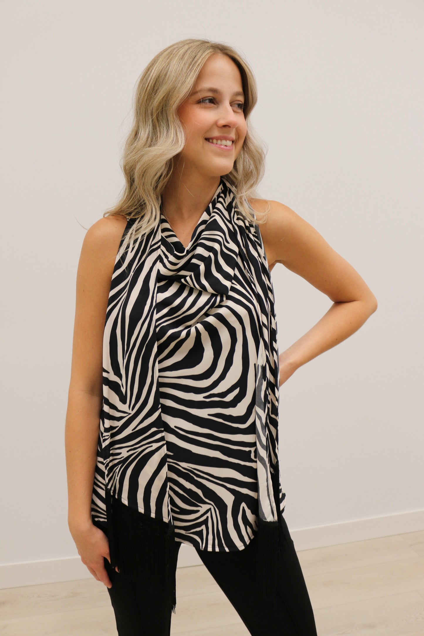 Knox Satin Fringe Scarf Sleeveless Blouse - Zebra Print