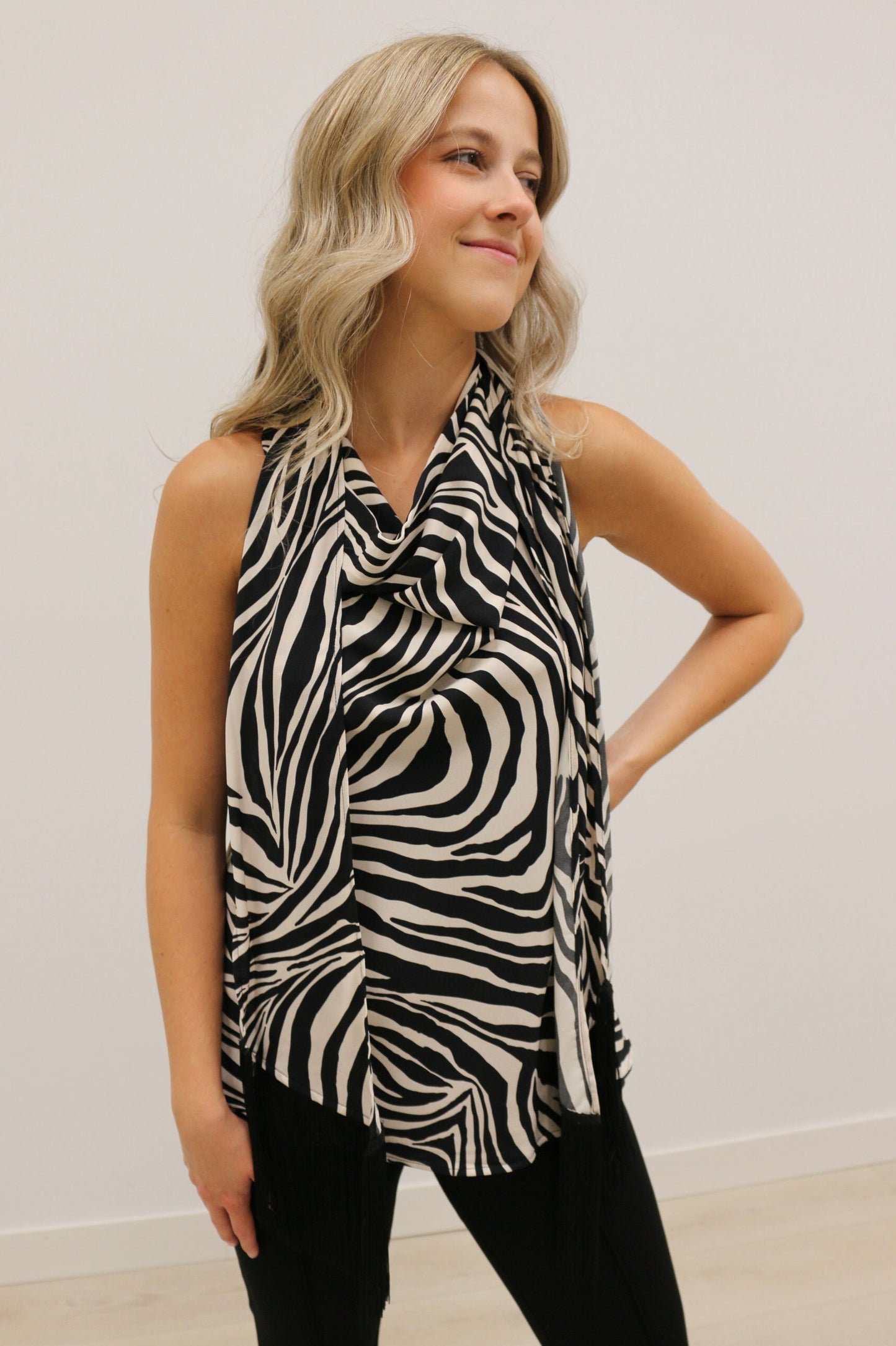 Knox Satin Fringe Scarf Sleeveless Blouse - Zebra Print