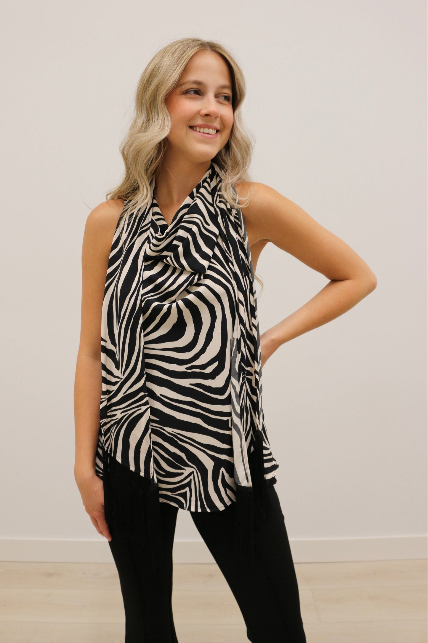 Knox Satin Fringe Scarf Sleeveless Blouse - Zebra Print