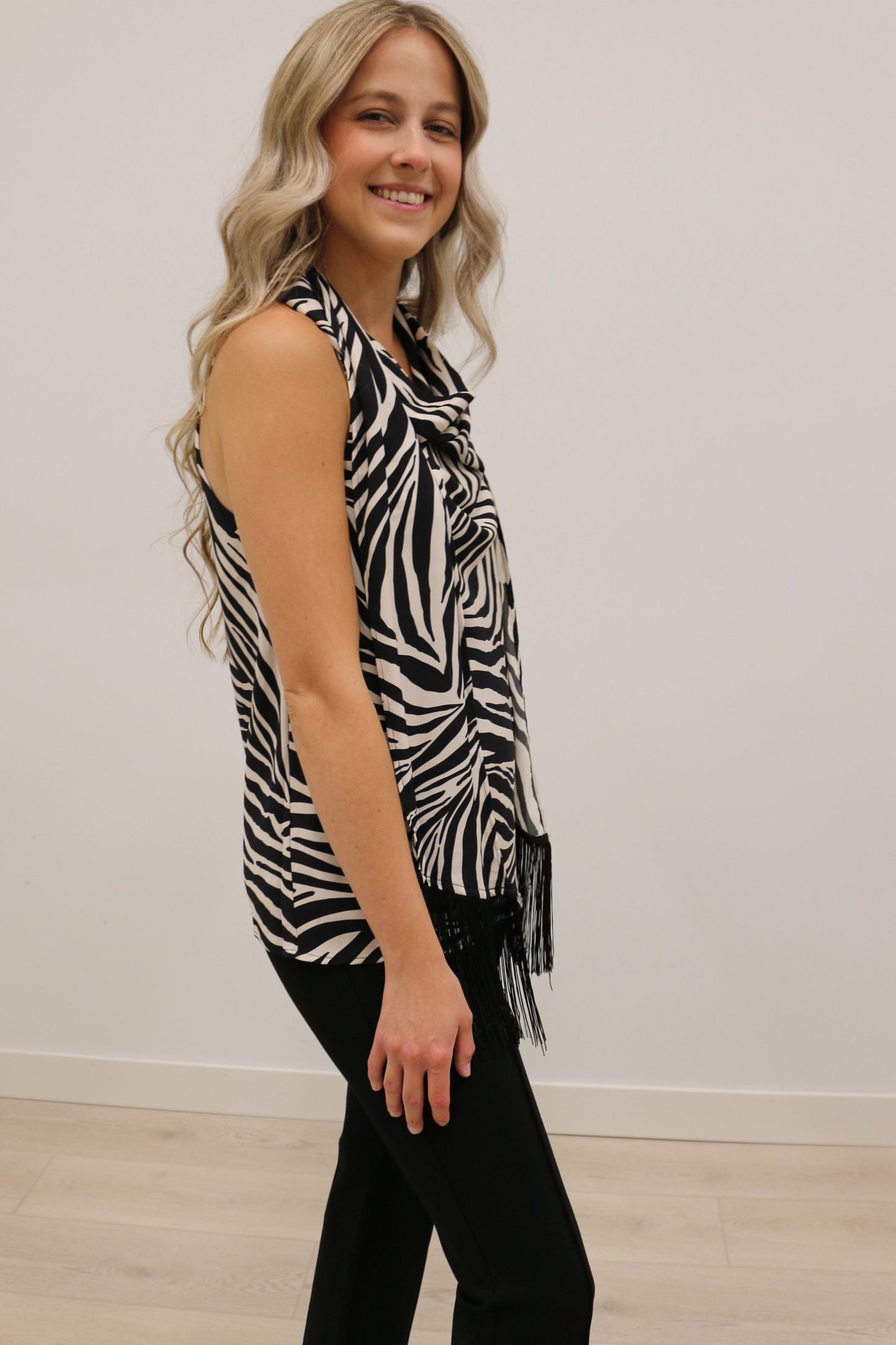 Knox Satin Fringe Scarf Sleeveless Blouse - Zebra Print