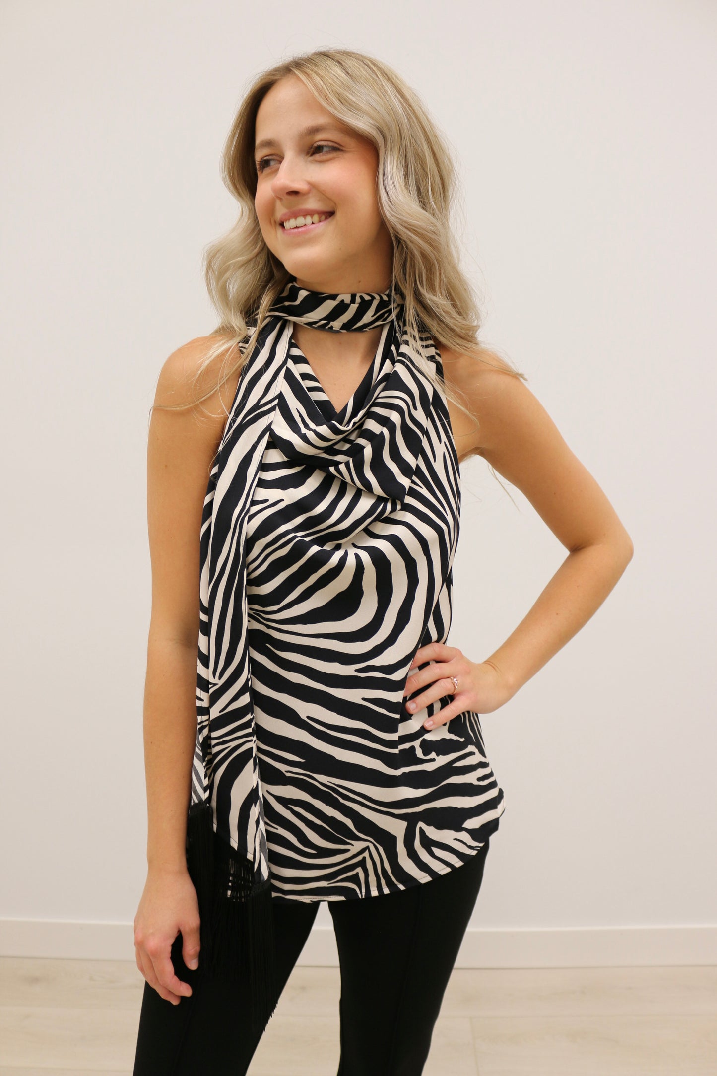 Knox Satin Fringe Scarf Sleeveless Blouse - Zebra Print