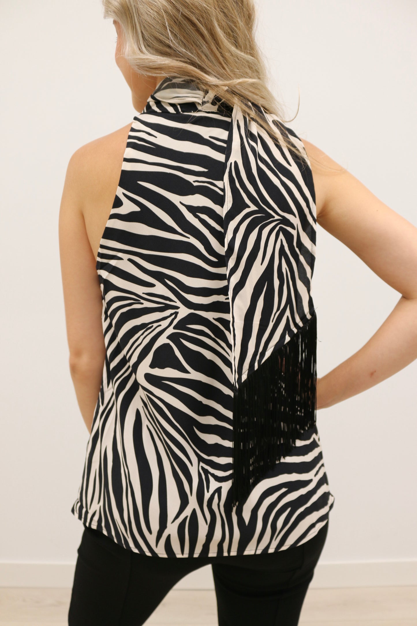 Knox Satin Fringe Scarf Sleeveless Blouse - Zebra Print