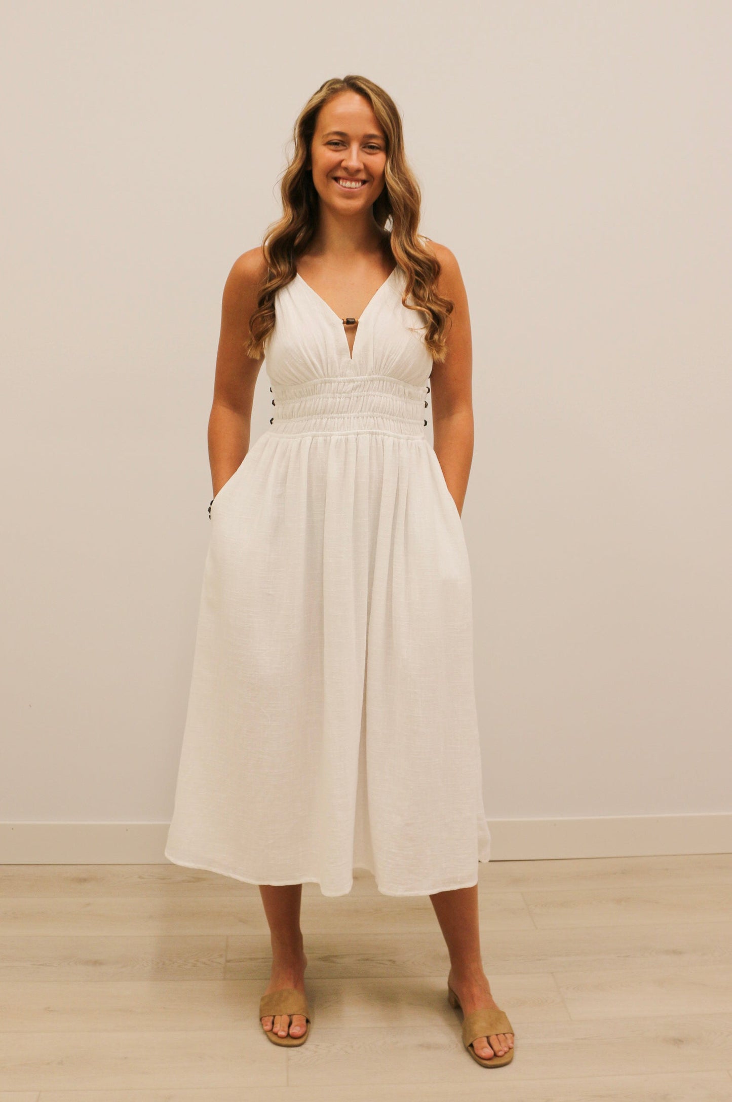 Koki Side Bead Cut Out Smocked Waist Midi Dress - Off White