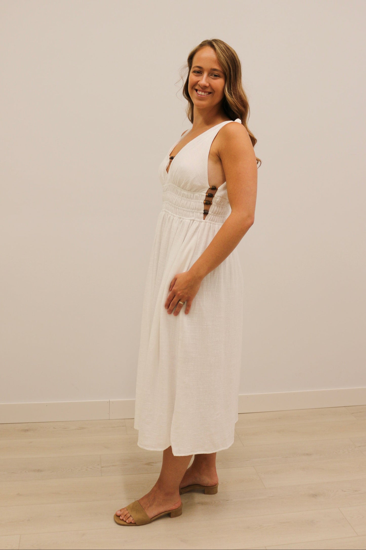 Koki Side Bead Cut Out Smocked Waist Midi Dress - Off White
