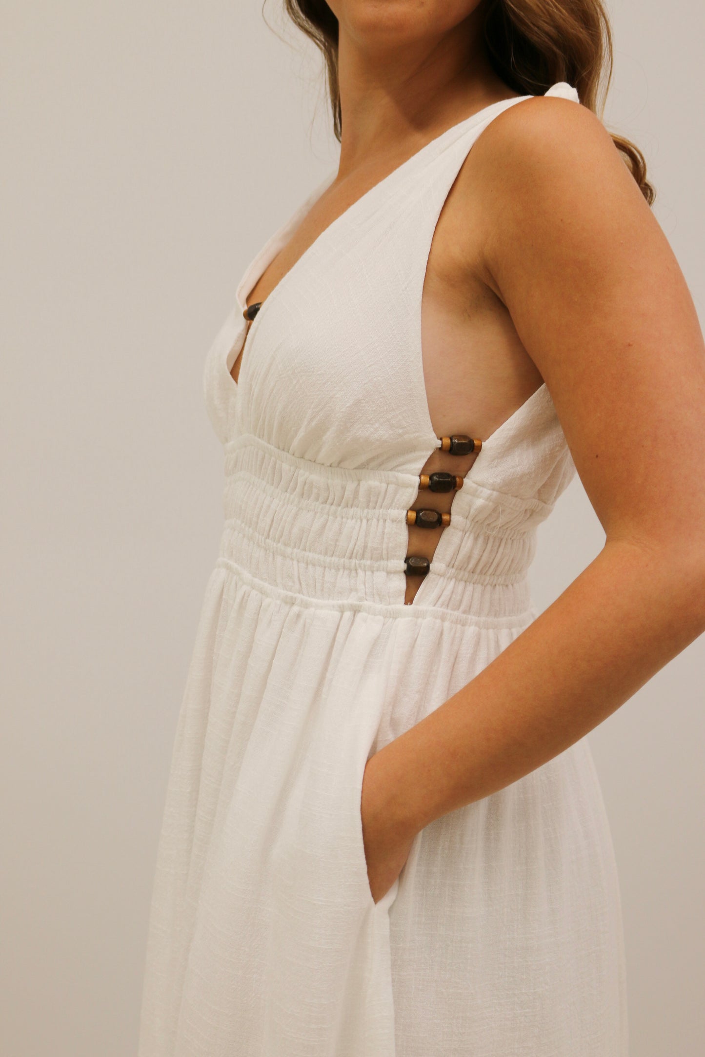 Koki Side Bead Cut Out Smocked Waist Midi Dress - Off White