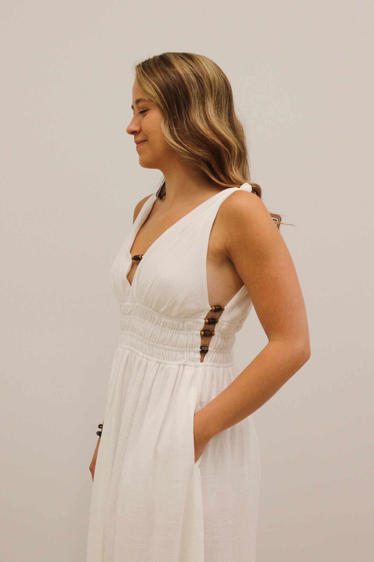 Koki Side Bead Cut Out Smocked Waist Midi Dress - Off White