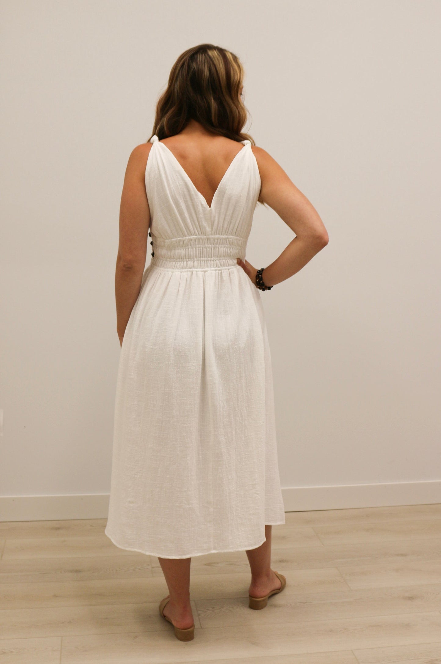 Koki Side Bead Cut Out Smocked Waist Midi Dress - Off White