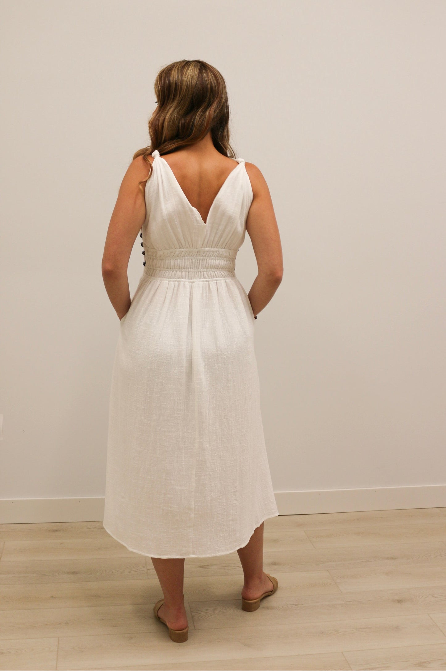 Koki Side Bead Cut Out Smocked Waist Midi Dress - Off White