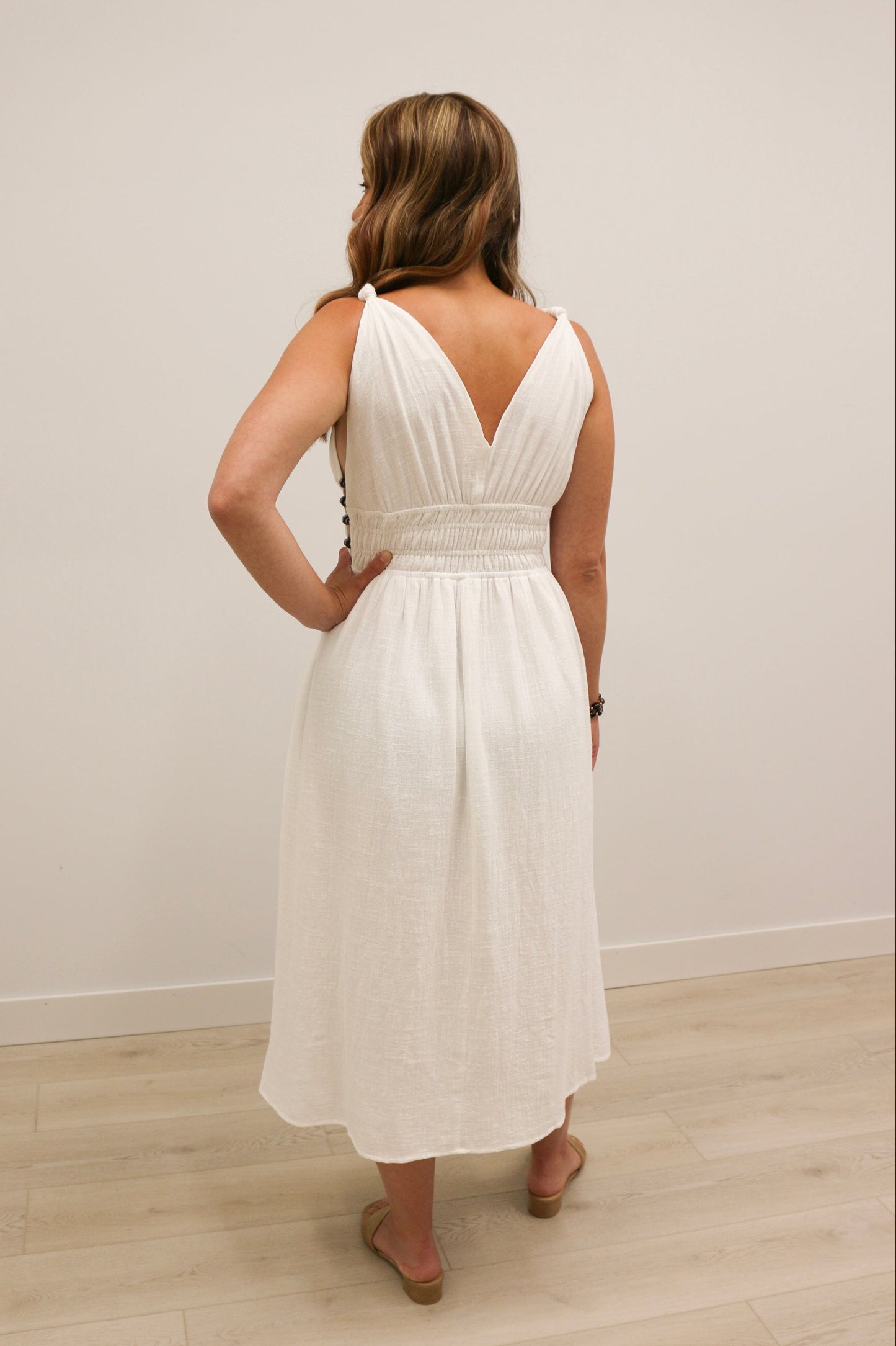 Koki Side Bead Cut Out Smocked Waist Midi Dress - Off White