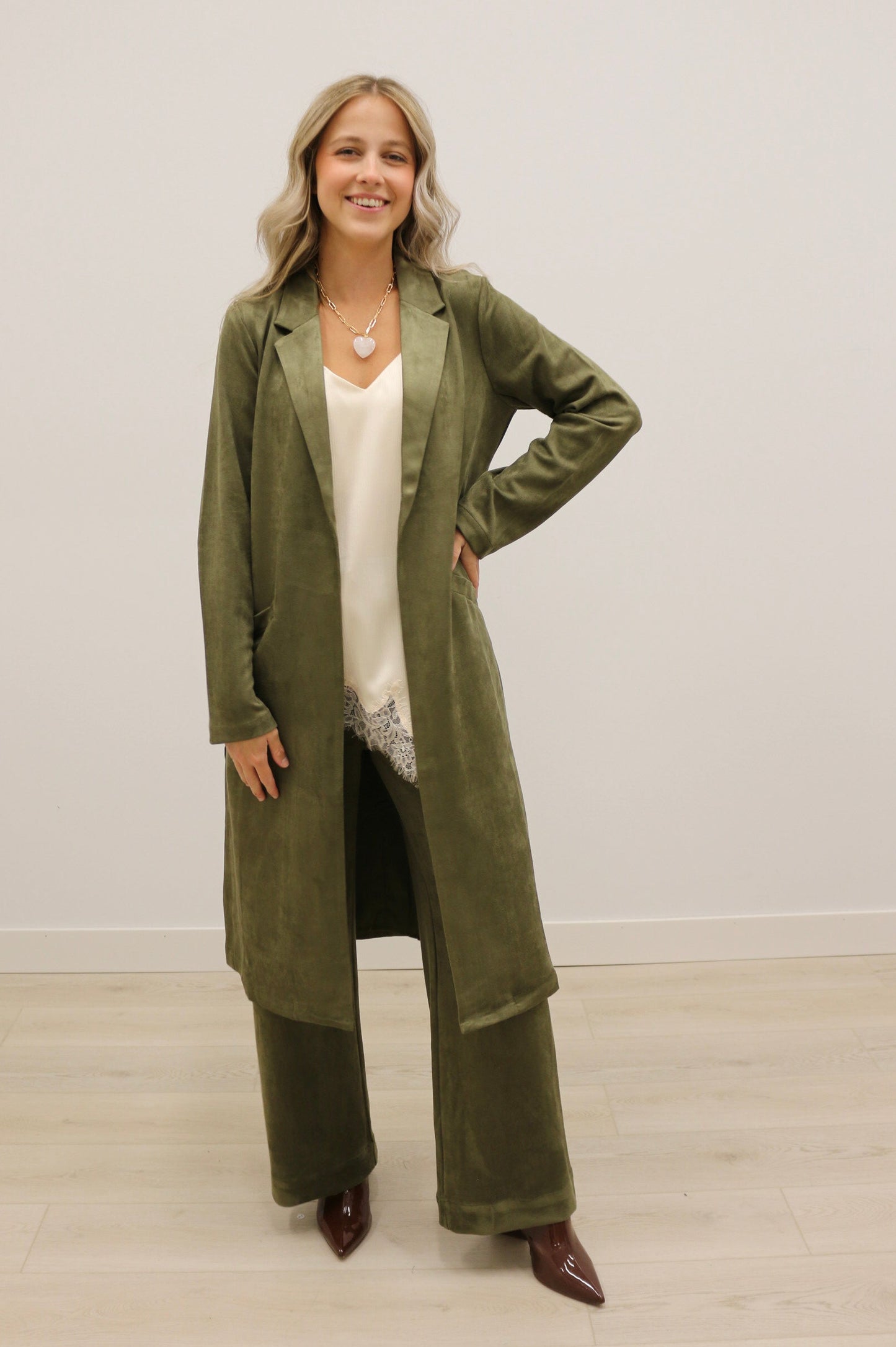 Lana Faux Suede Long Sleeve Duster Trench Overcoat - Olive Green