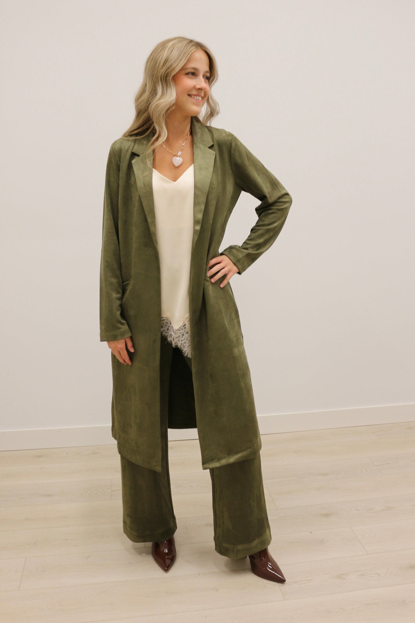 Lana Faux Suede Long Sleeve Duster Trench Overcoat - Olive Green