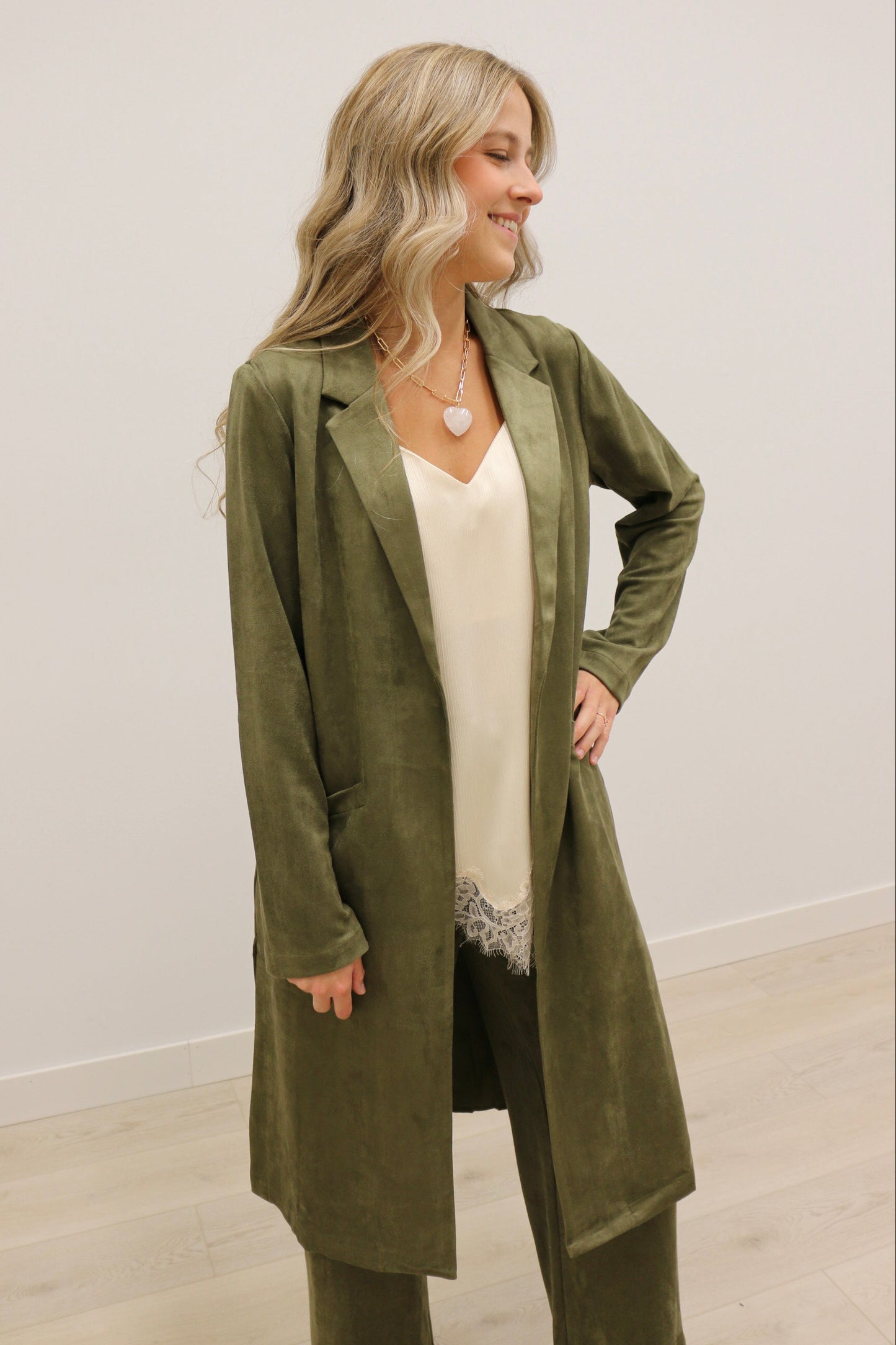 Lana Faux Suede Long Sleeve Duster Trench Overcoat - Olive Green