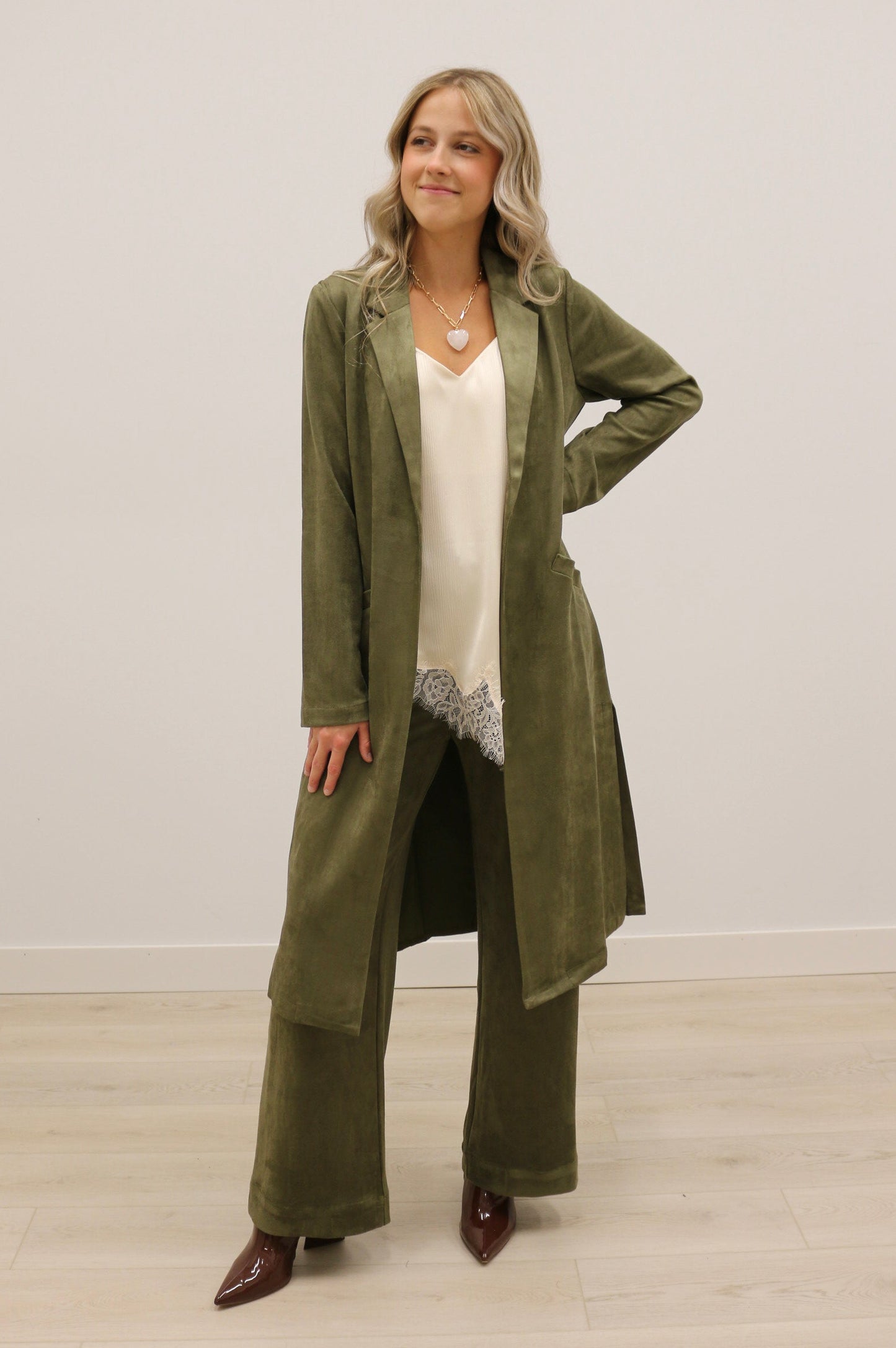 Lana Faux Suede Long Sleeve Duster Trench Overcoat - Olive Green
