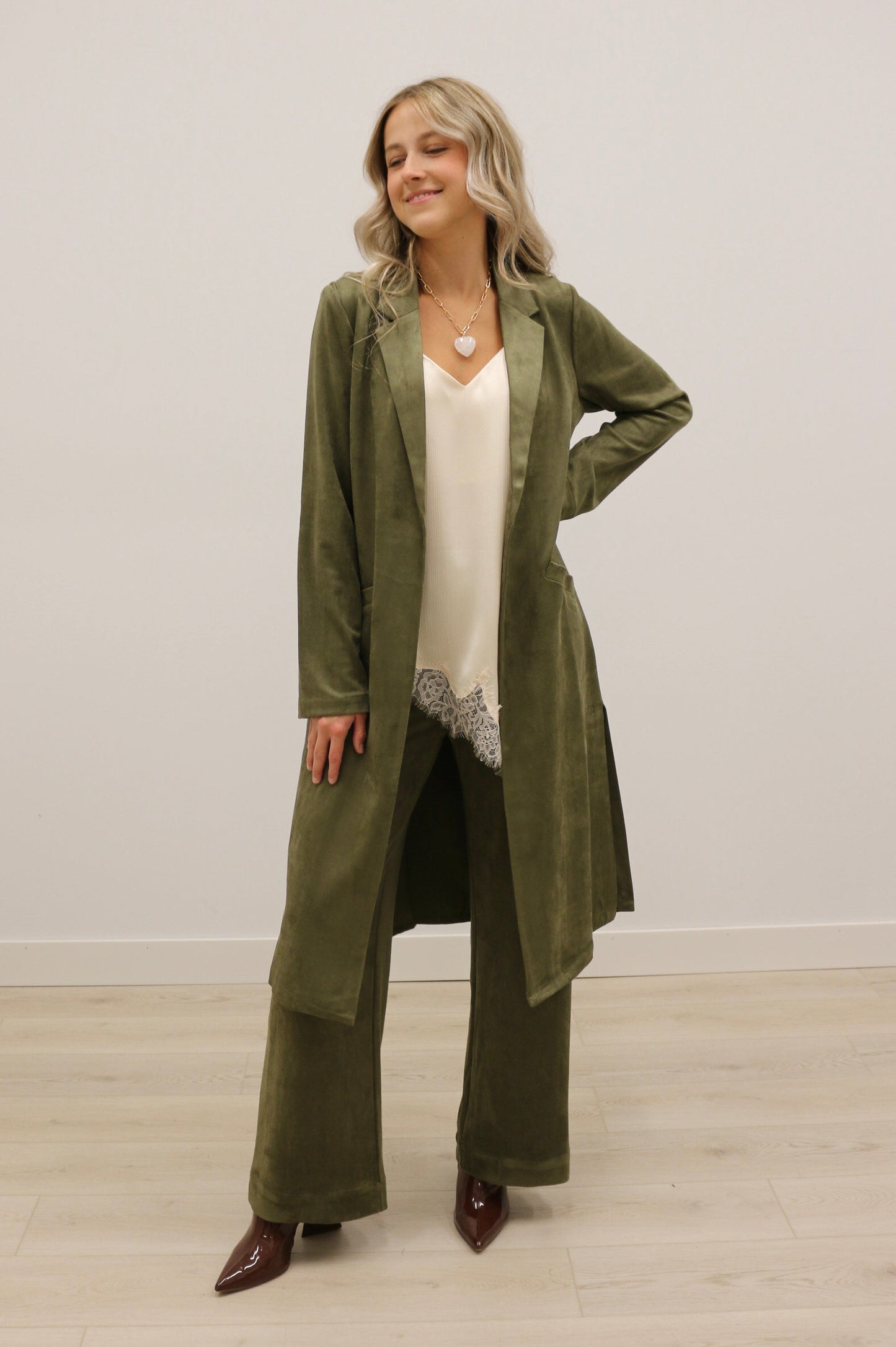 Lana Suede High Waisted Wide Leg Pants - Olive Green