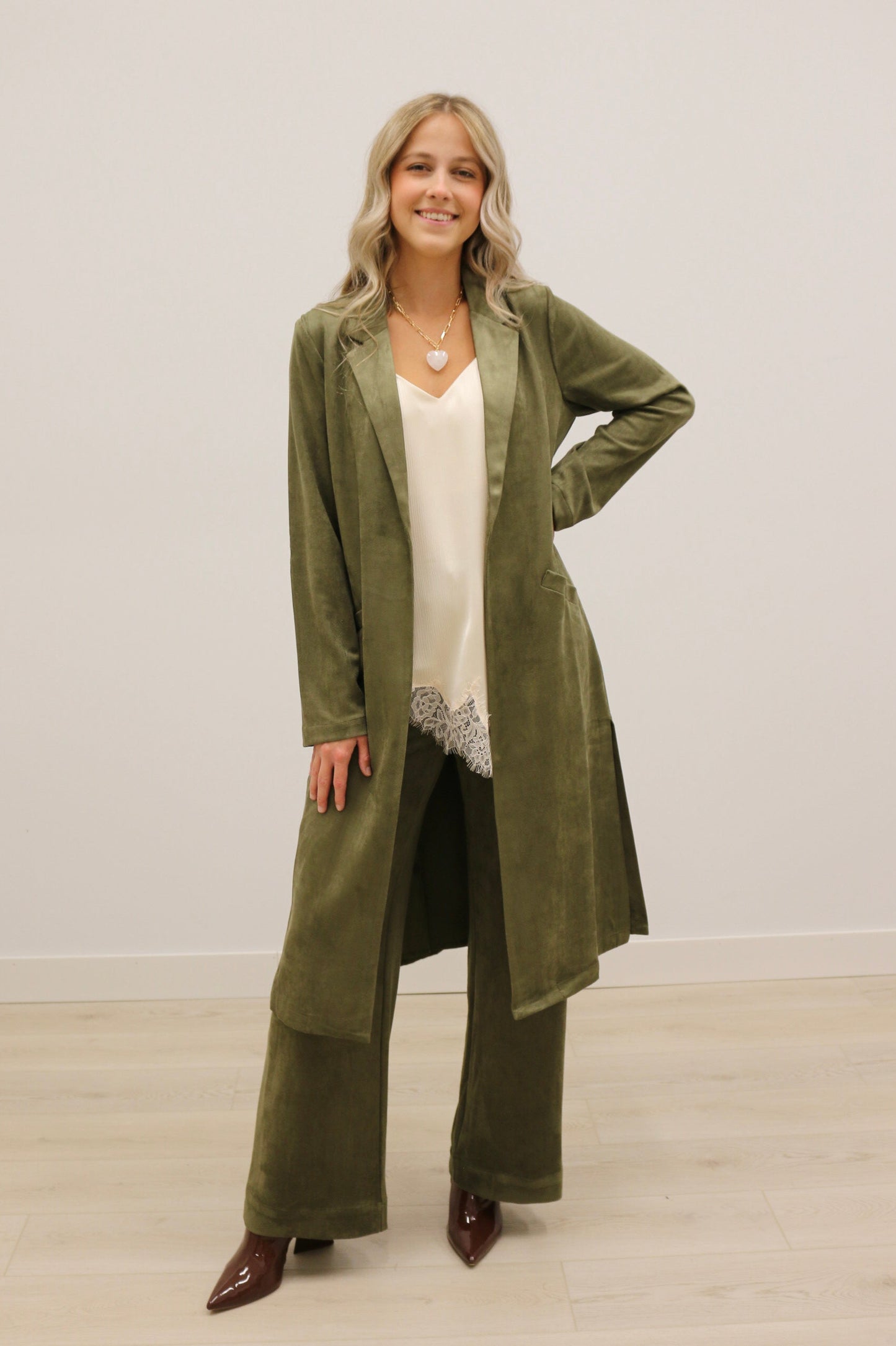 Lana Faux Suede Long Sleeve Duster Trench Overcoat - Olive Green