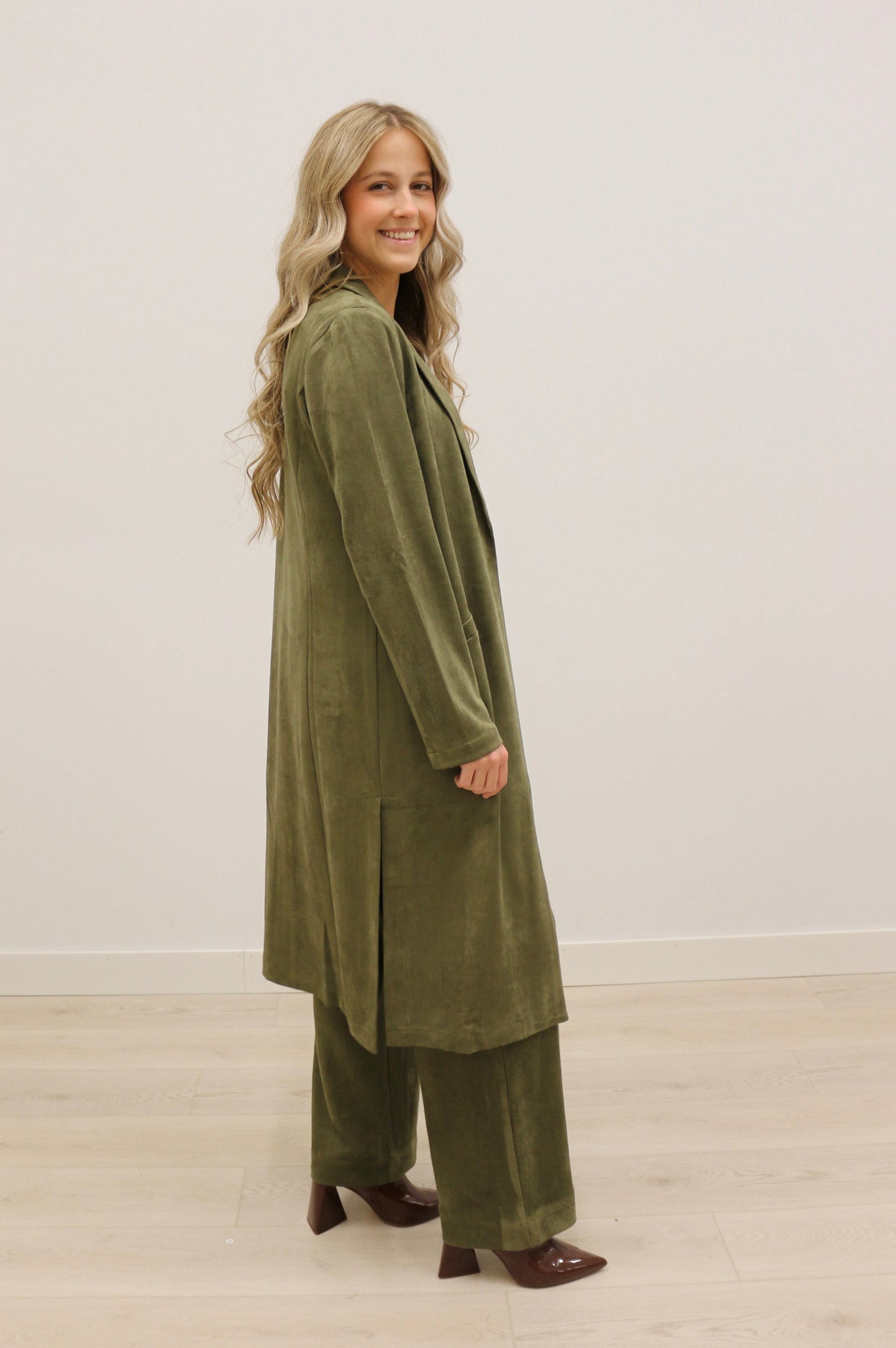 Lana Faux Suede Long Sleeve Duster Trench Overcoat - Olive Green