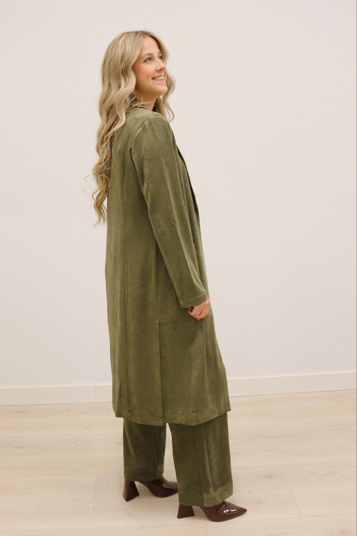 Lana Faux Suede Long Sleeve Duster Trench Overcoat - Olive Green