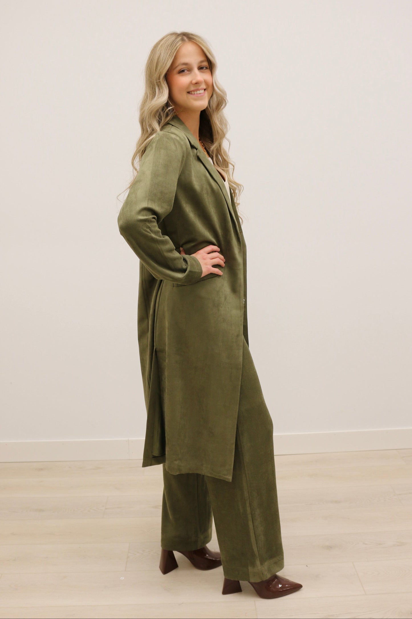 Lana Faux Suede Long Sleeve Duster Trench Overcoat - Olive Green