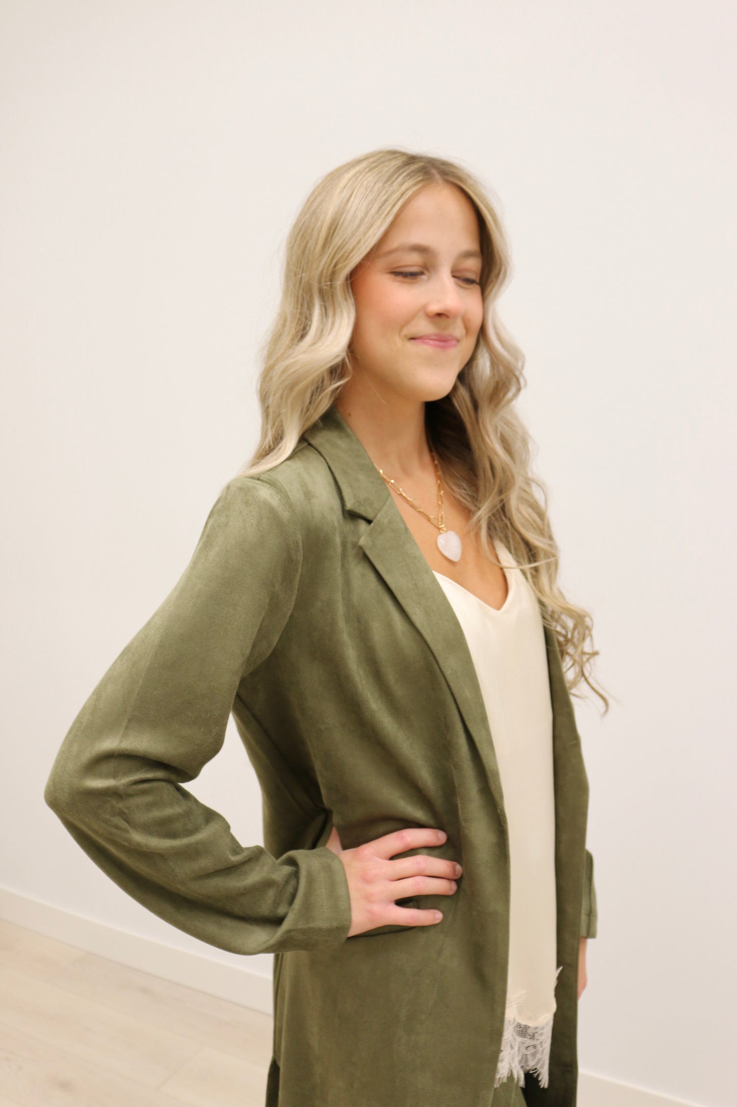 Lana Faux Suede Long Sleeve Duster Trench Overcoat - Olive Green