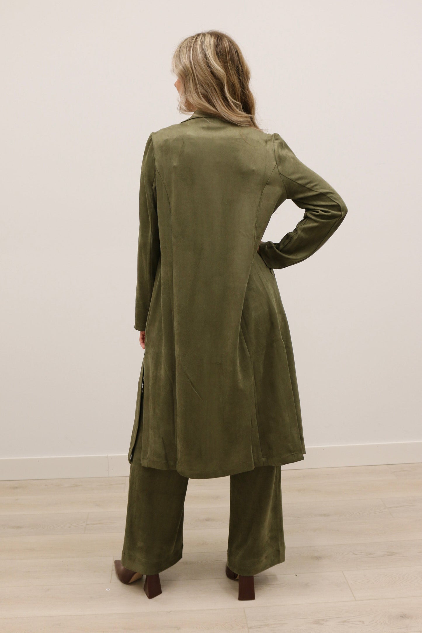 Lana Faux Suede Long Sleeve Duster Trench Overcoat - Olive Green