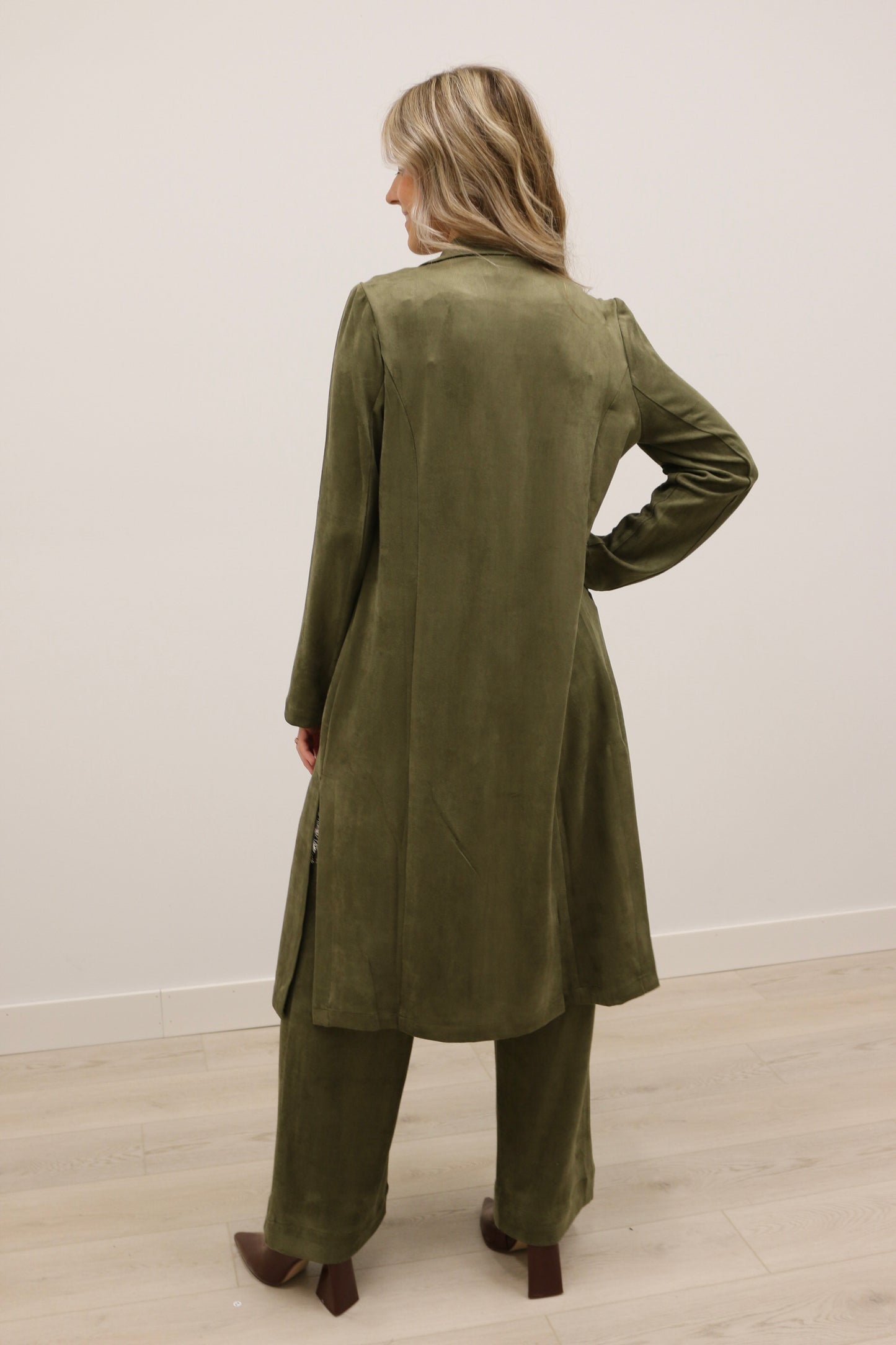 Lana Faux Suede Long Sleeve Duster Trench Overcoat - Olive Green