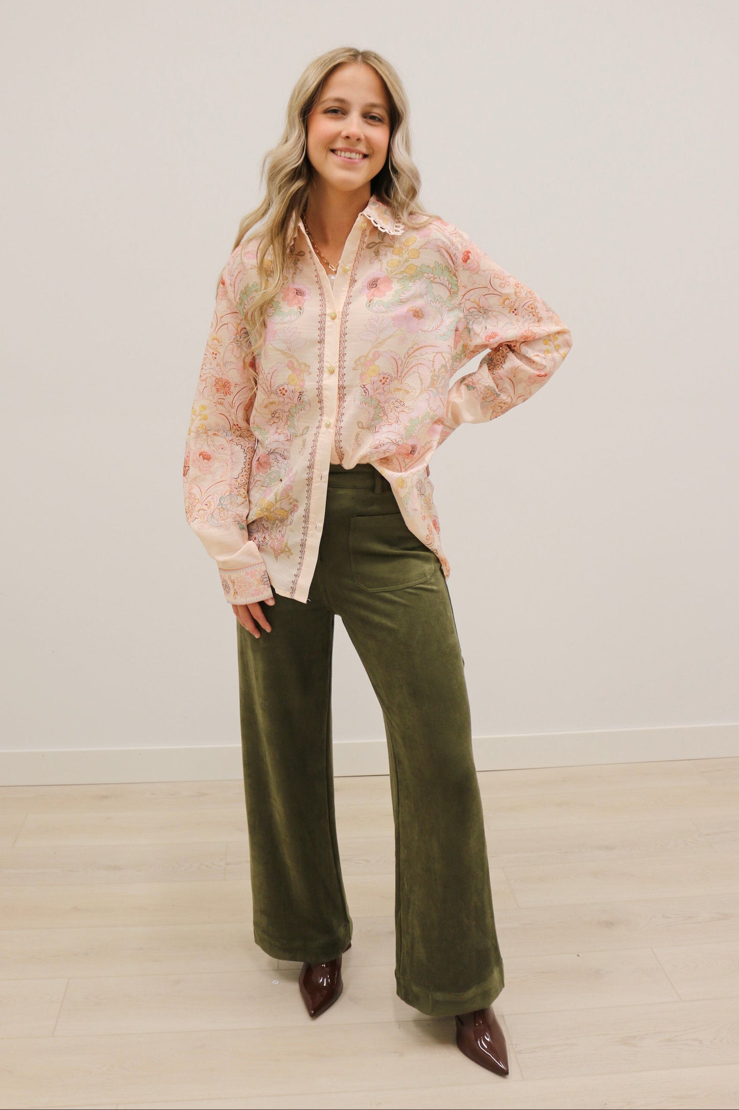 Lana Suede High Waisted Wide Leg Pants - Olive Green