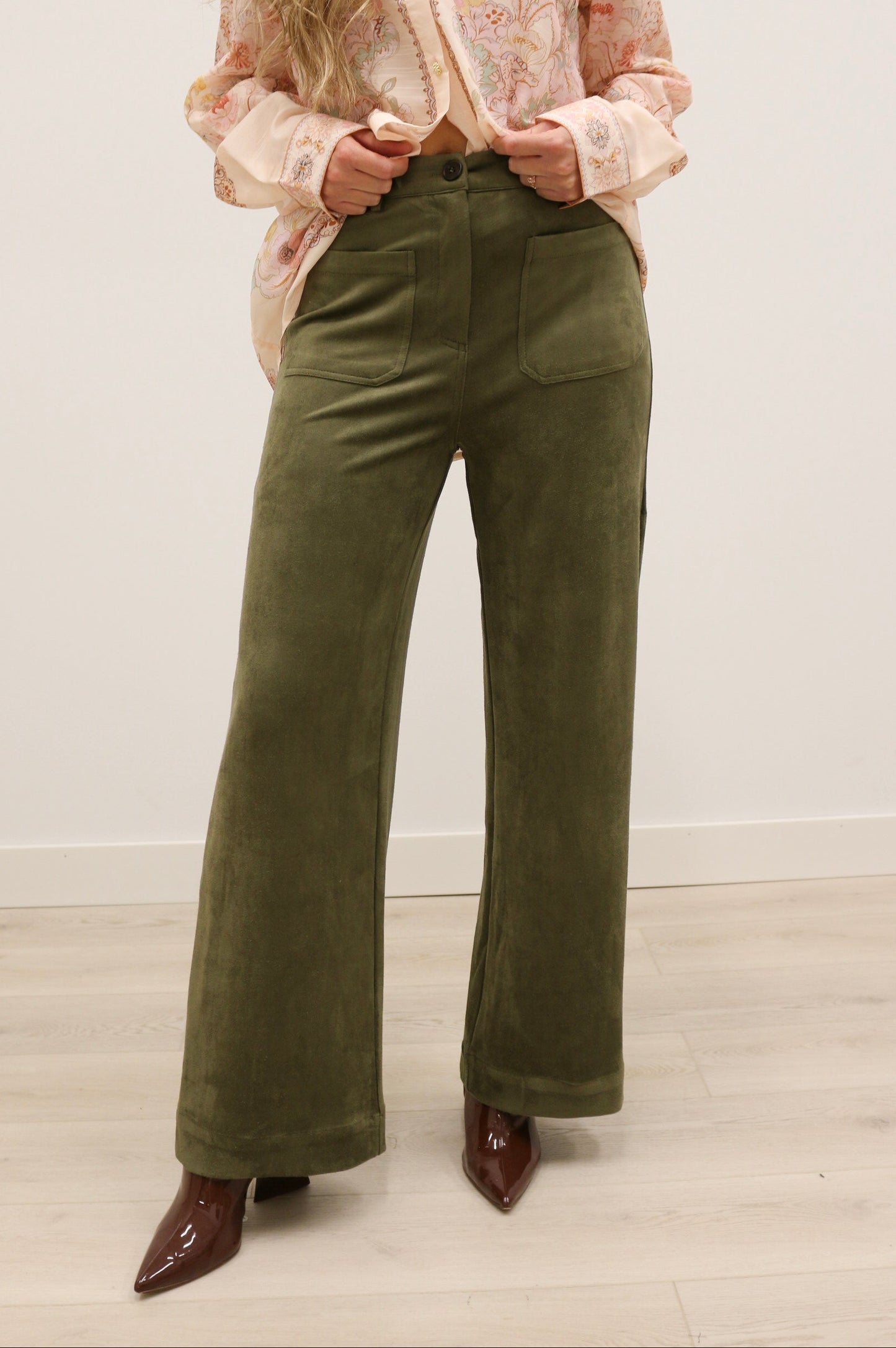 Lana Suede High Waisted Wide Leg Pants - Olive Green