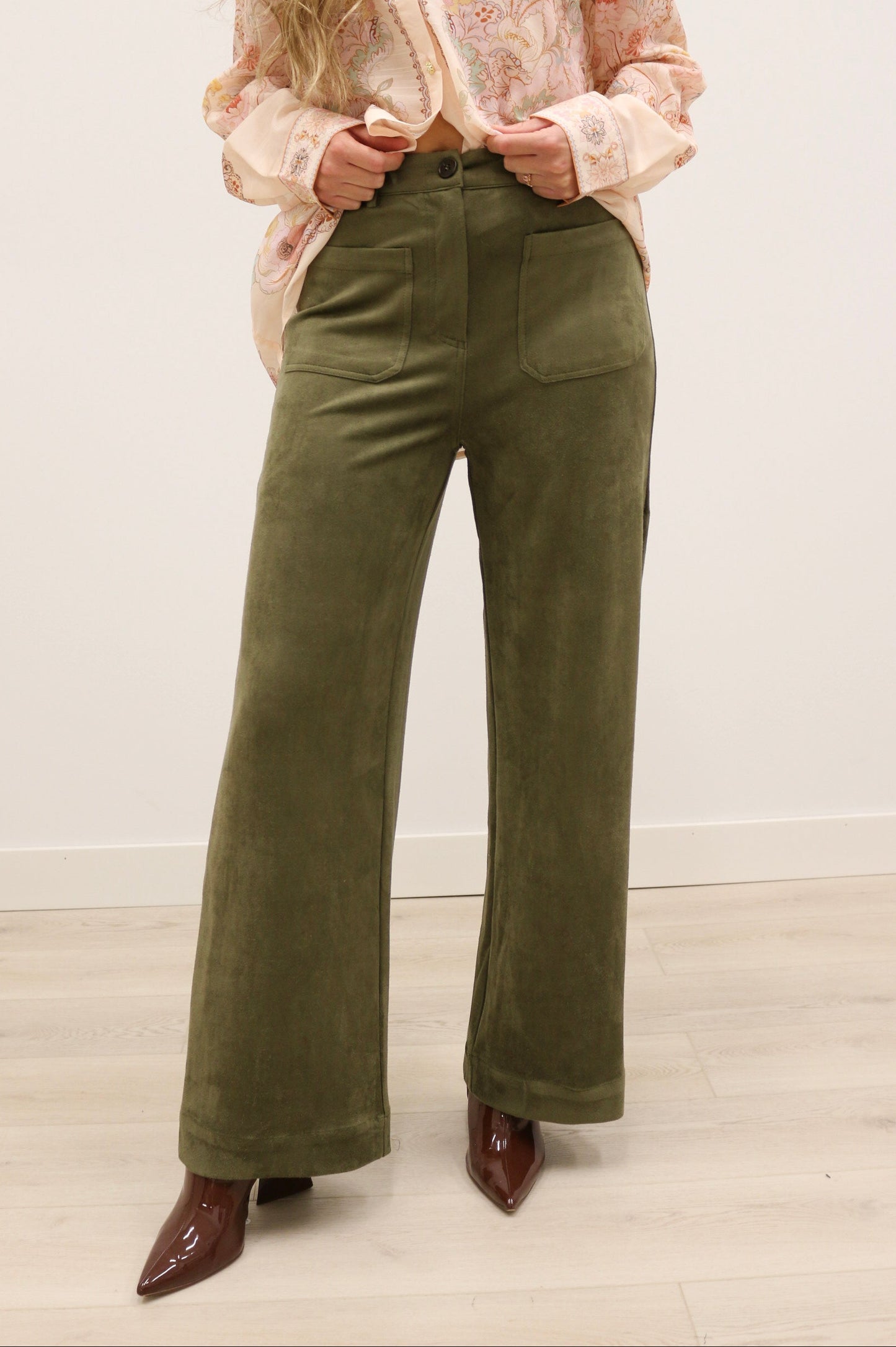 Lana Suede High Waisted Wide Leg Pants - Olive Green