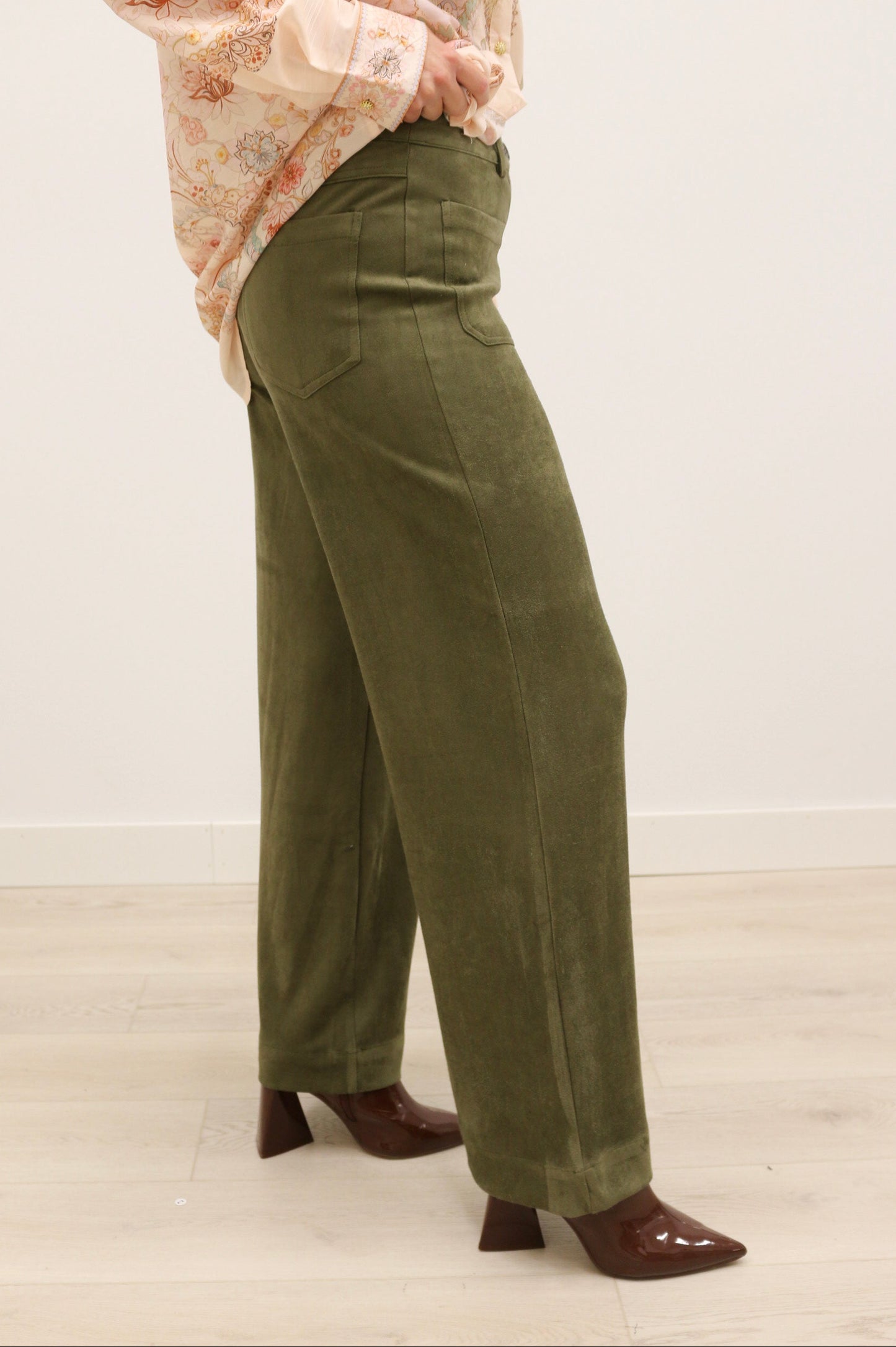 Lana Suede High Waisted Wide Leg Pants - Olive Green