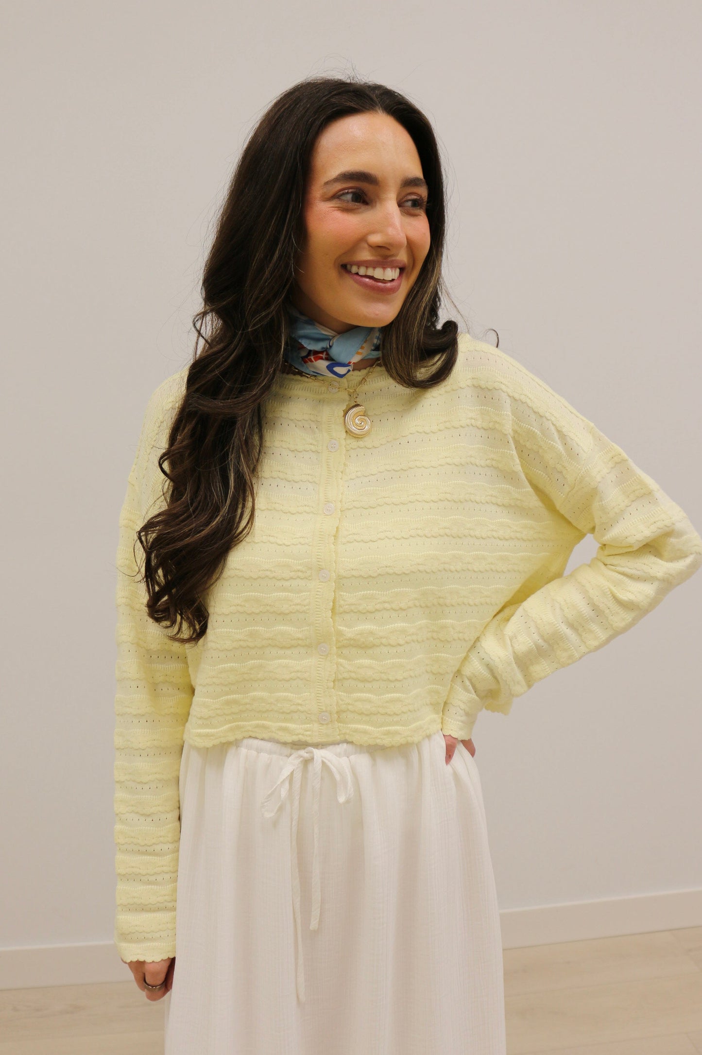 Laurel Lace Knit Long Sleeve Button Front Cardigan - Butter Yellow