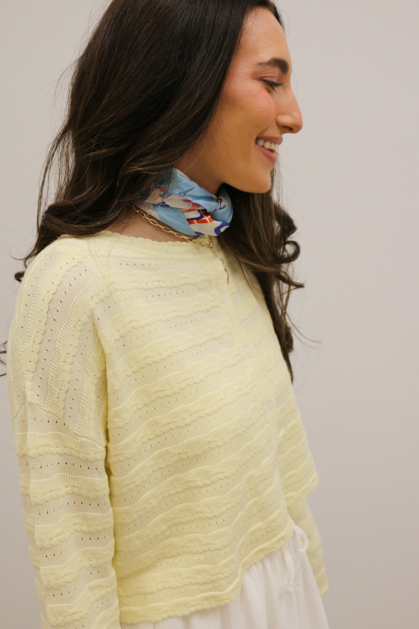 Laurel Lace Knit Long Sleeve Button Front Cardigan - Butter Yellow