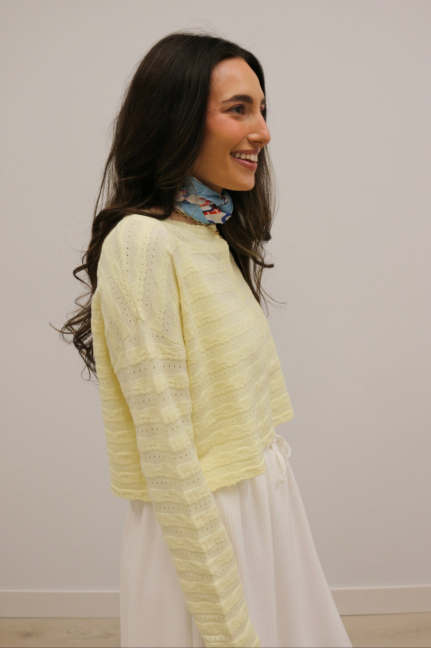 Laurel Lace Knit Long Sleeve Button Front Cardigan - Butter Yellow