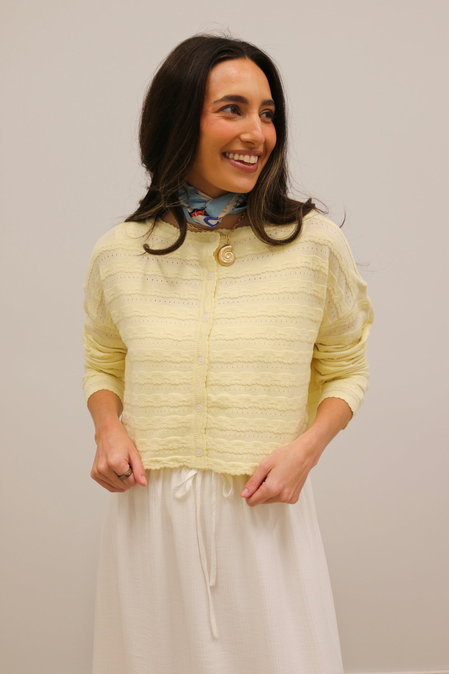 Laurel Lace Knit Long Sleeve Button Front Cardigan - Butter Yellow