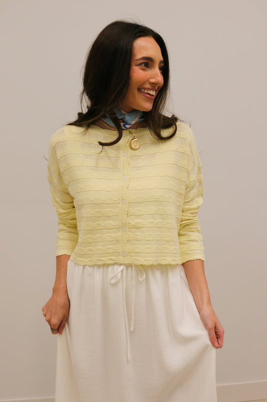 Laurel Lace Knit Long Sleeve Button Front Cardigan - Butter Yellow