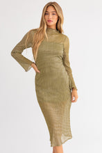 Load image into Gallery viewer, Lavi Sheer Panel Lettuce Hem Long Sleeve Midi Dress - Avocado Silver
