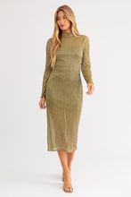 Load image into Gallery viewer, Lavi Sheer Panel Lettuce Hem Long Sleeve Midi Dress - Avocado Silver
